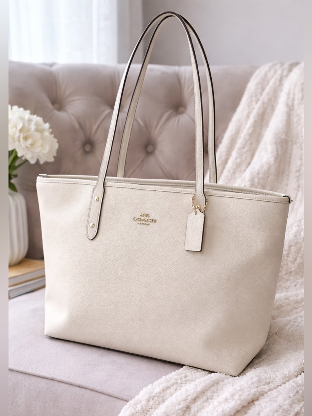 Coach Pebble Leather Tote in Chalk Beige